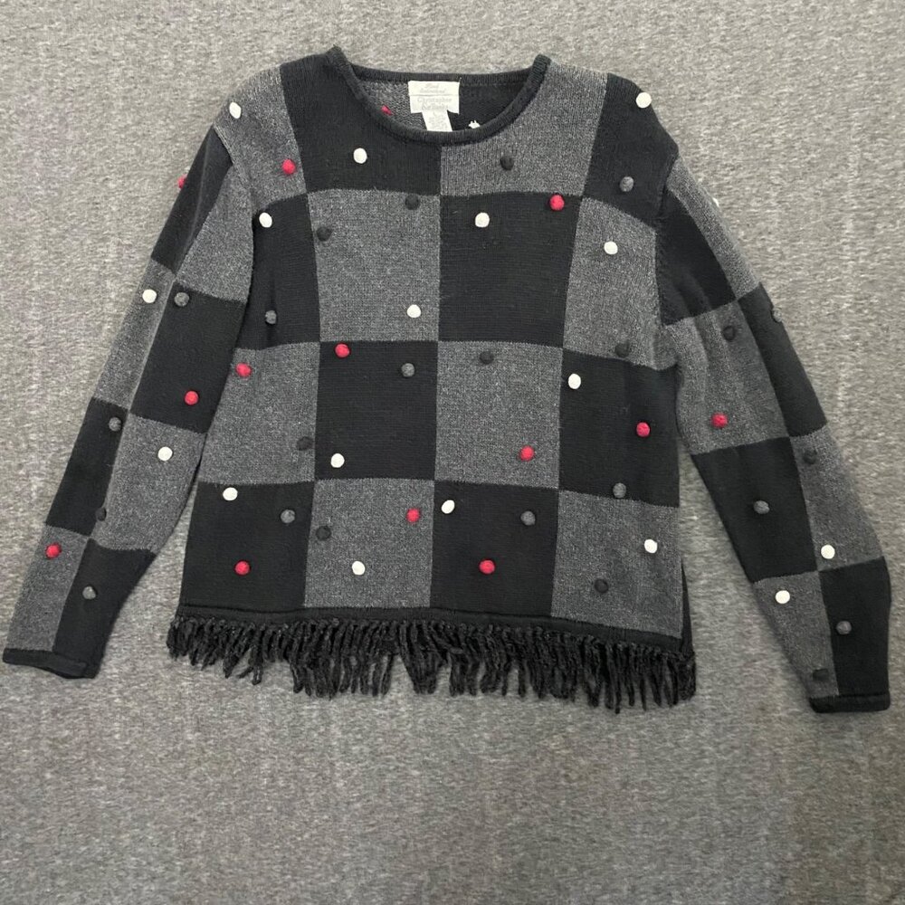 Vtg Christopher & Banks Hand-Embroidered Sweater Size Large Fringe Hem‎ Pom Poms